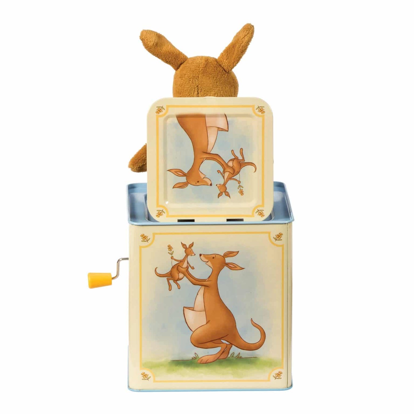 Kangaroo jack-in-the-box tin with illustrated kangaroos and plush kangaroo popping out