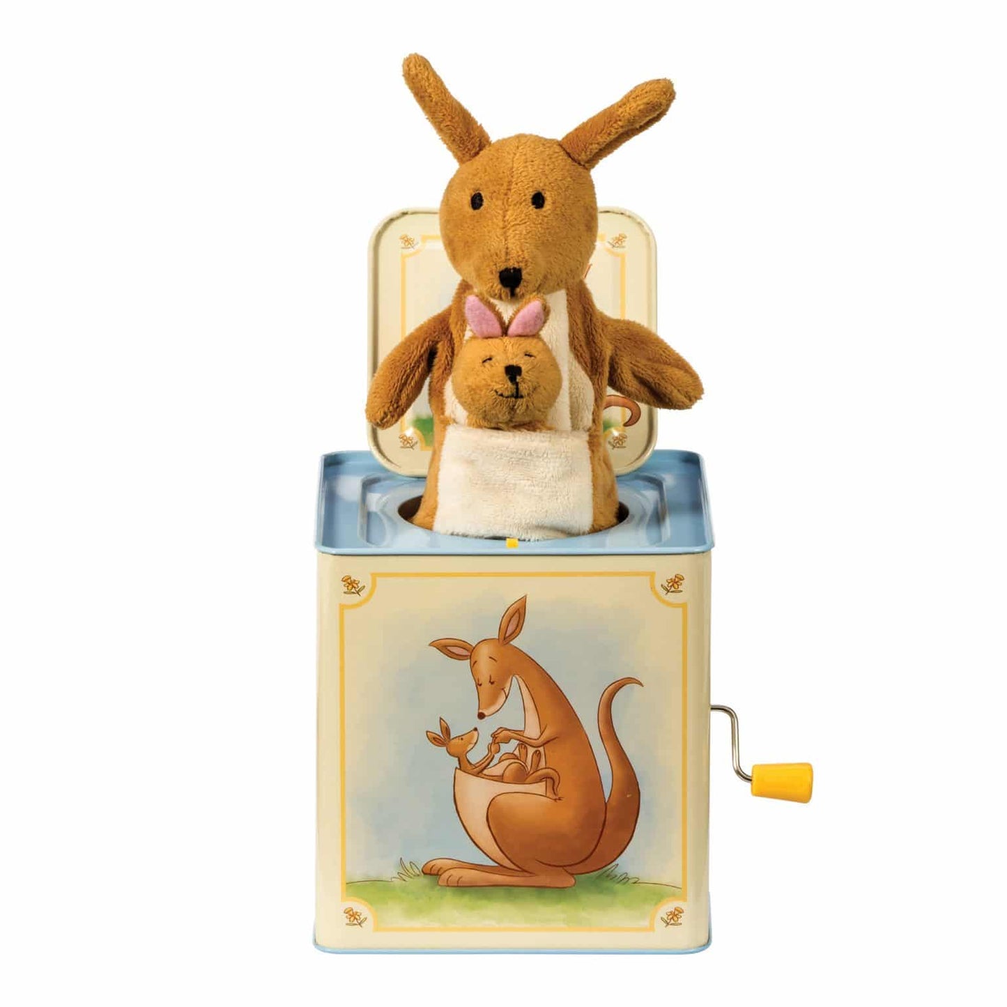 Kangaroo jack-in-the-box toy with plush mama and joey popping from decorated tin