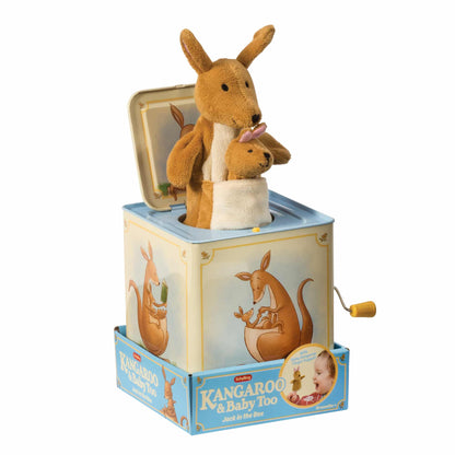 Kangaroo and baby joey plush jack-in-the-box toy popping from blue tin