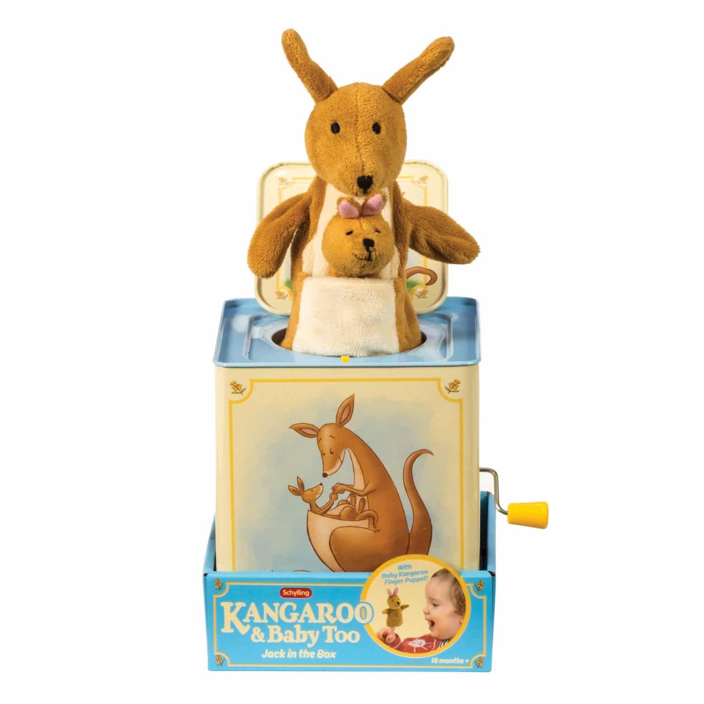 Kangaroo jack-in-the-box toy with plush mama and baby joey popped from blue tin