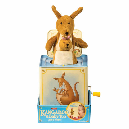 Kangaroo jack-in-the-box toy with plush mama and baby joey popped from blue tin
