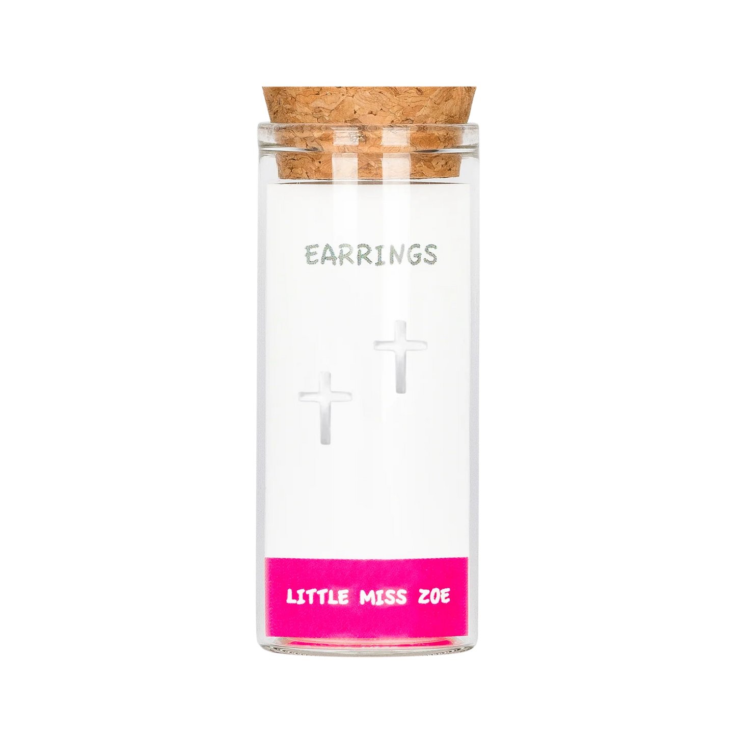 Silver cross stud earrings displayed inside a small clear glass bottle with cork lid