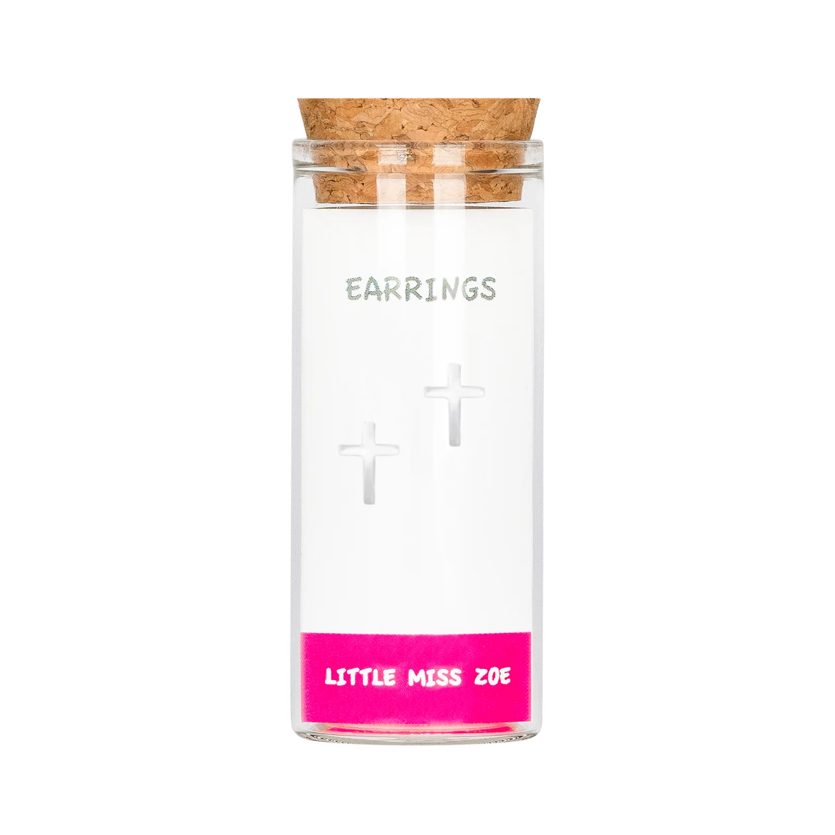 Silver cross stud earrings displayed inside a small clear glass bottle with cork lid