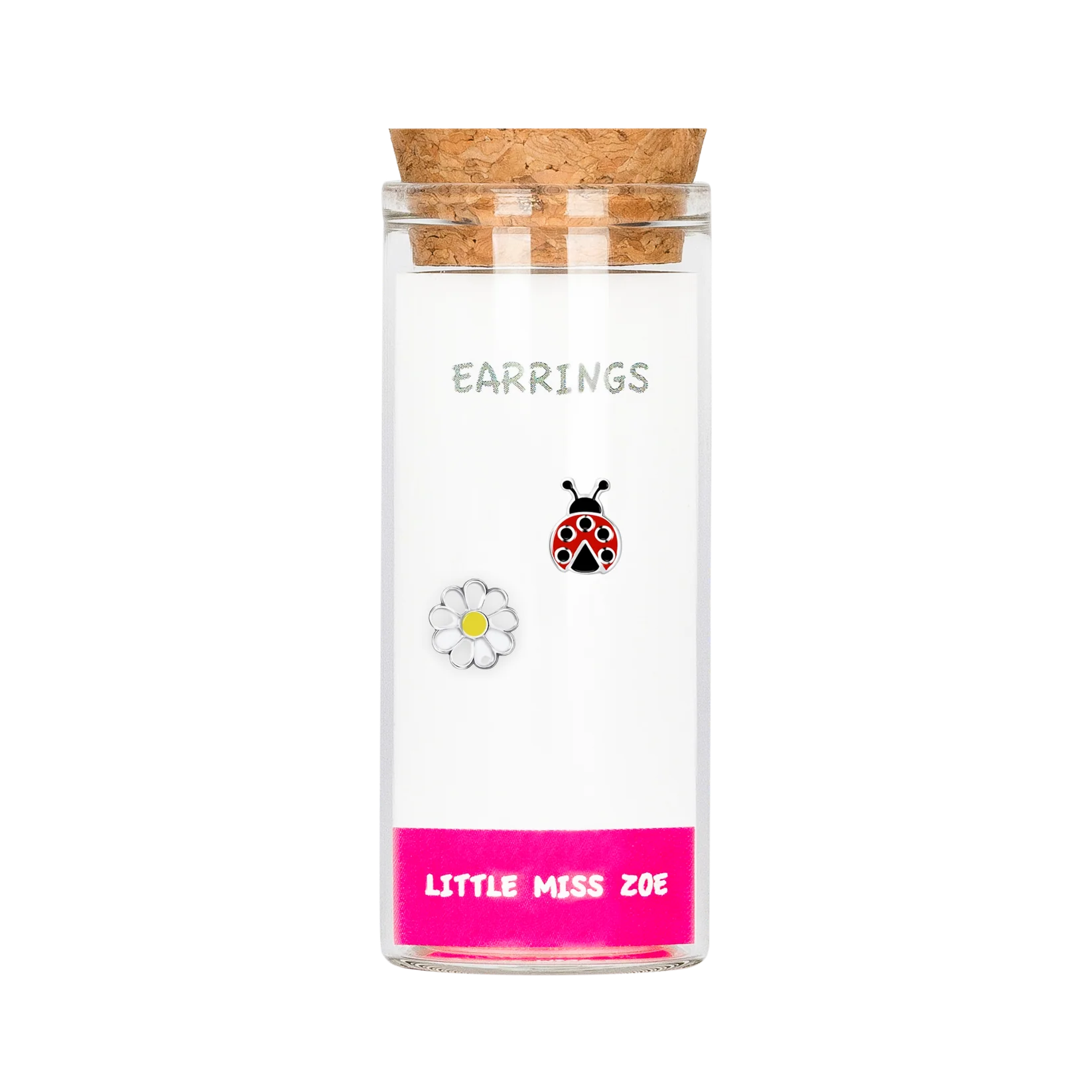 Glass bottle with cork lid containing ladybug and daisy stud earrings, pink base label