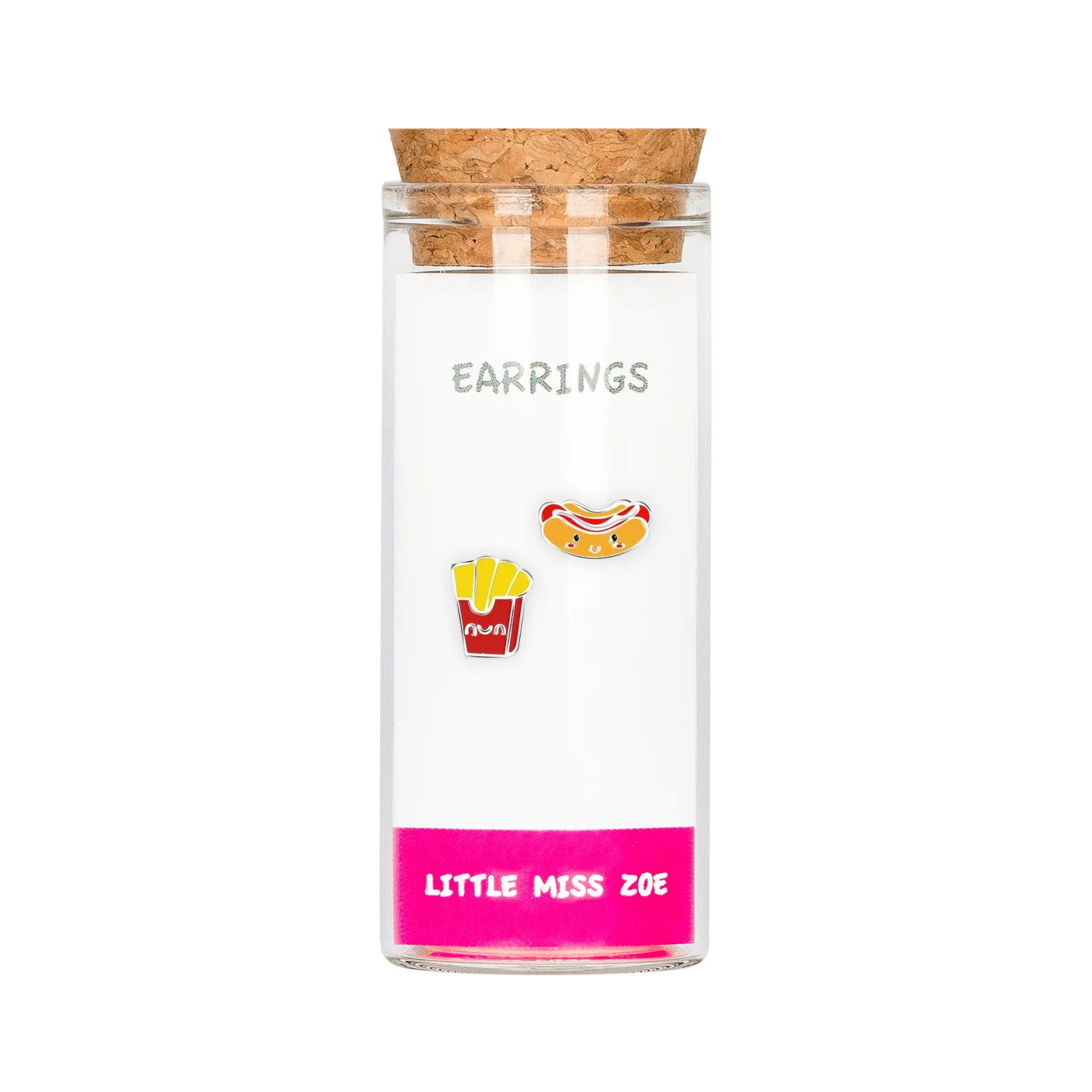 Stud earrings in glass bottle, french fries and hot dog charm designs