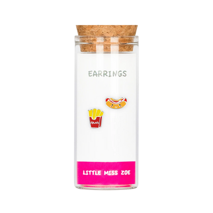 Stud earrings in glass bottle, french fries and hot dog charm designs
