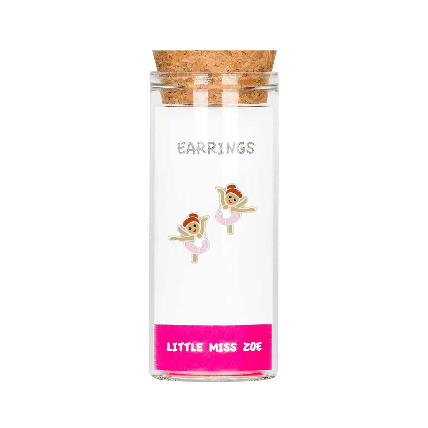 Ballet dancer stud earrings displayed inside a small glass bottle with cork stopper