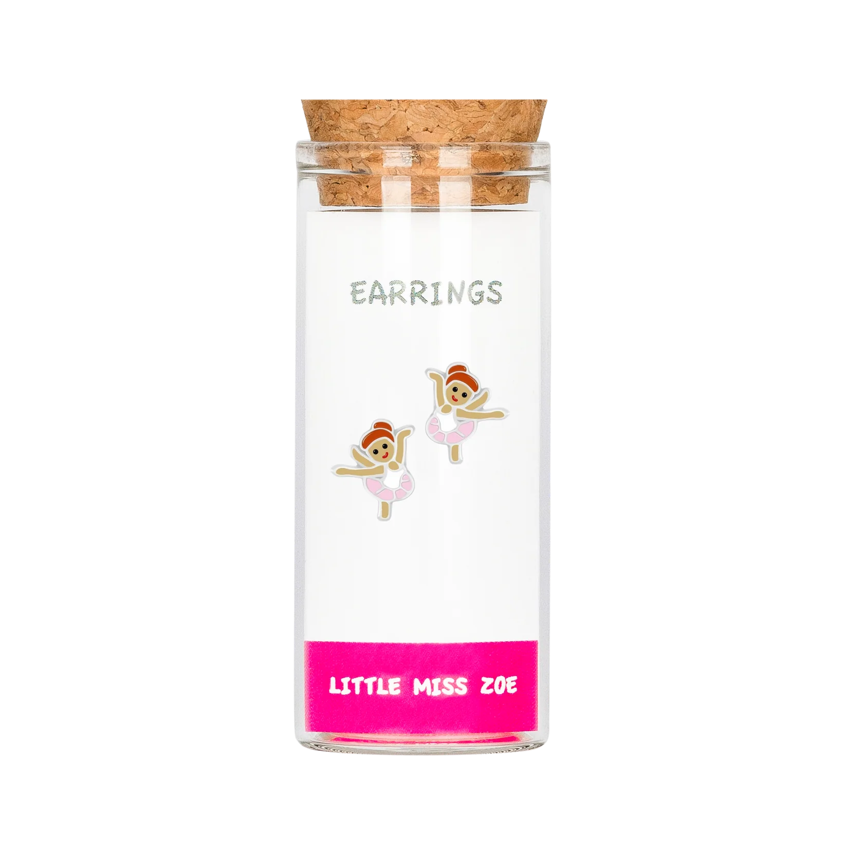 Ballet dancer stud earrings displayed inside a small glass bottle with cork stopper