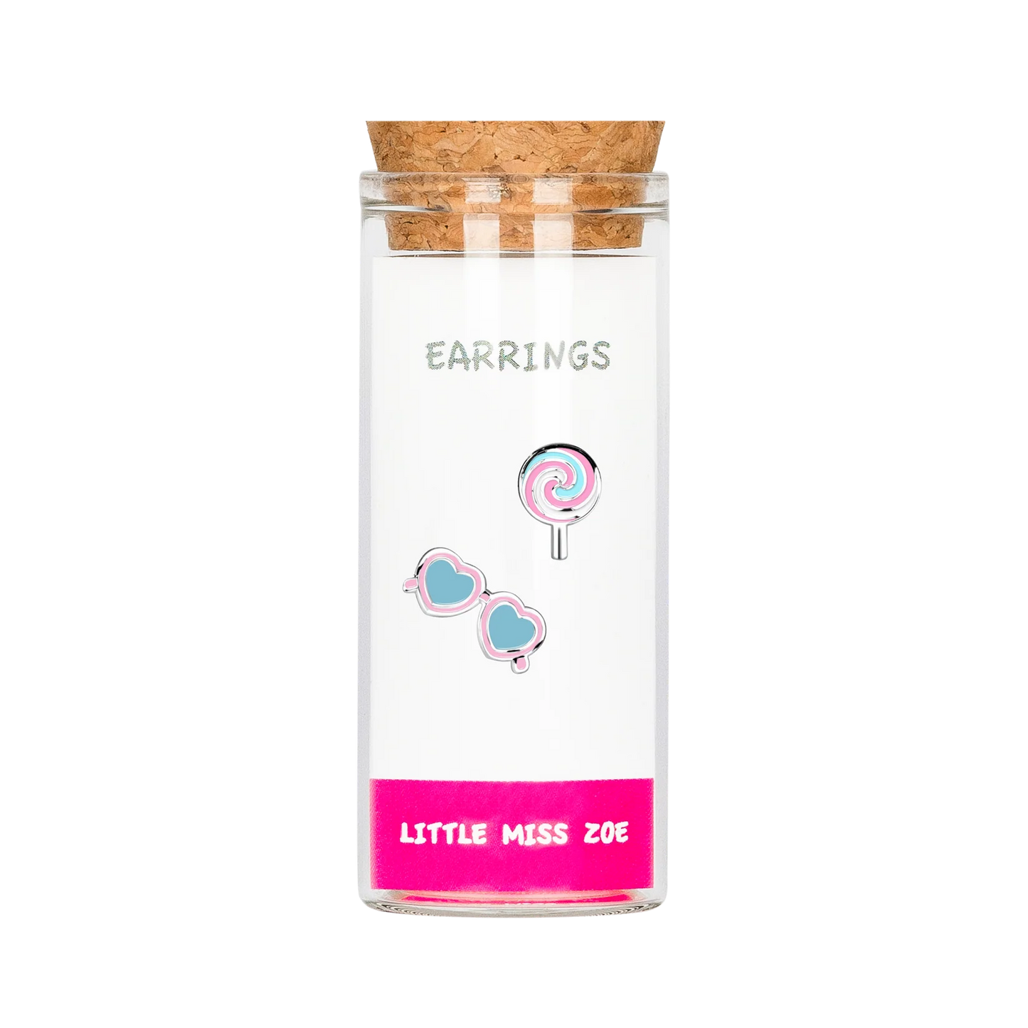 Girls stud earrings in cork-top glass bottle, lollipop and heart sunglasses designs