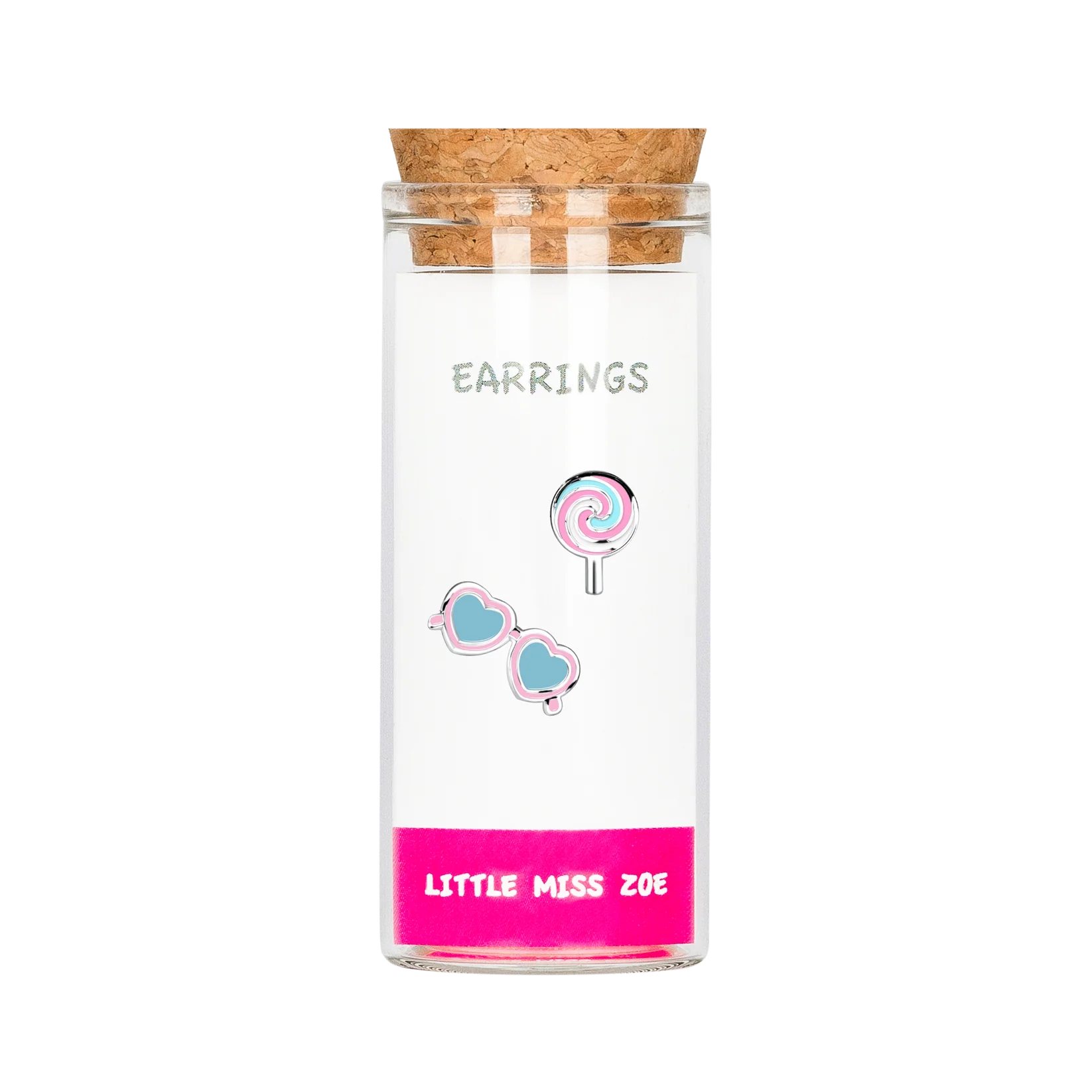 Girls stud earrings in cork-top glass bottle, lollipop and heart sunglasses designs