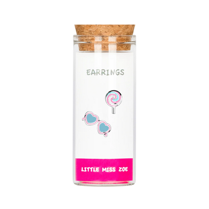 Girls stud earrings in cork-top glass bottle, lollipop and heart sunglasses designs
