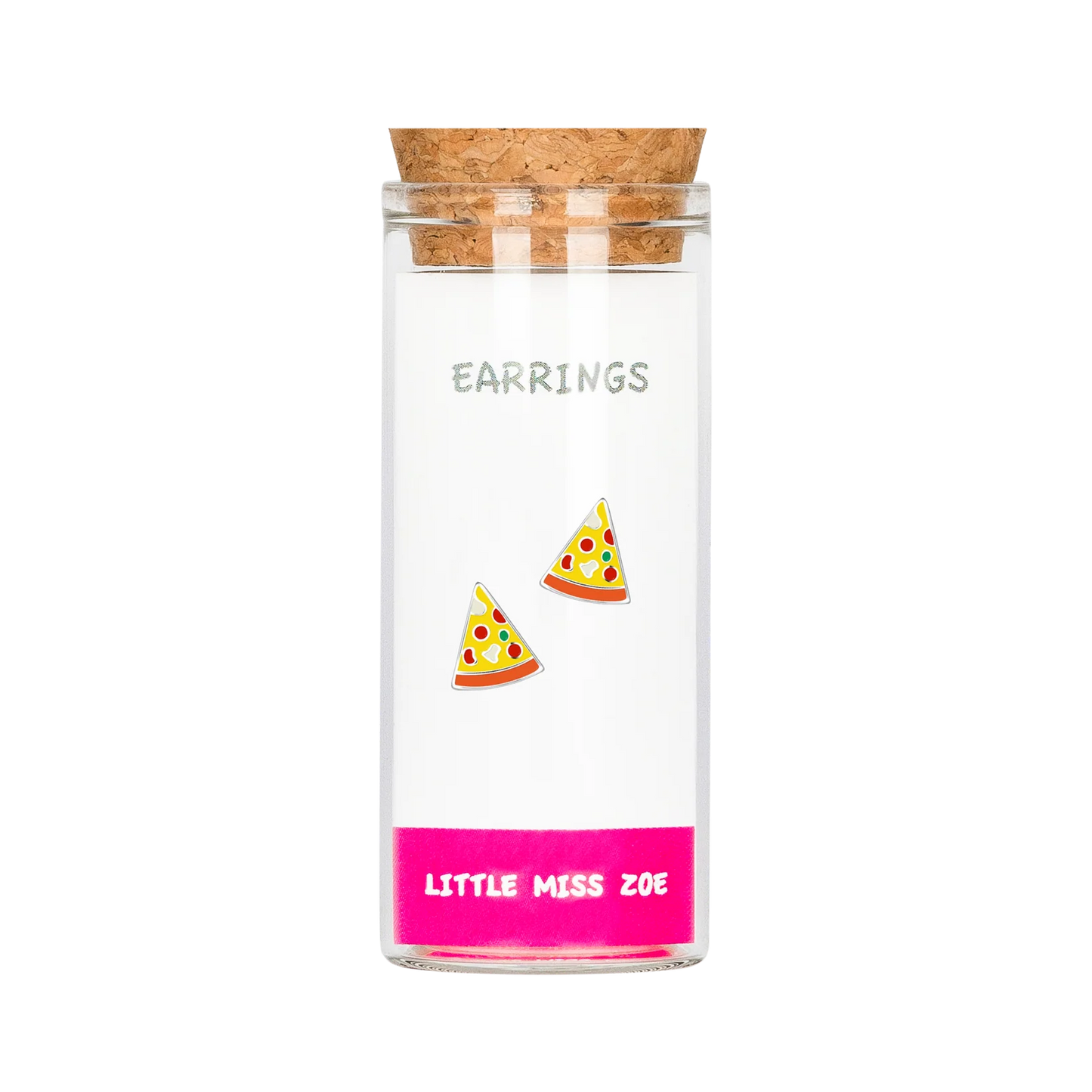 Pizza slice stud earrings displayed inside a small glass bottle with cork lid