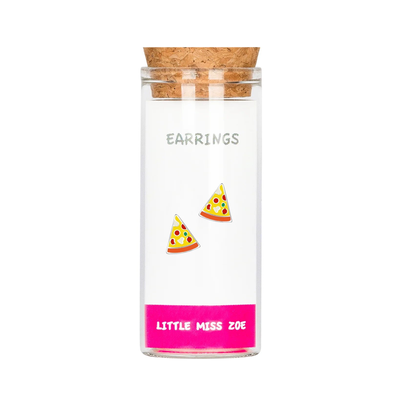 Pizza slice stud earrings displayed inside a small glass bottle with cork lid