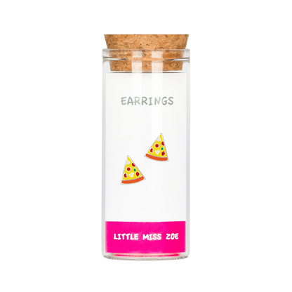 Pizza slice stud earrings displayed inside a small glass bottle with cork lid