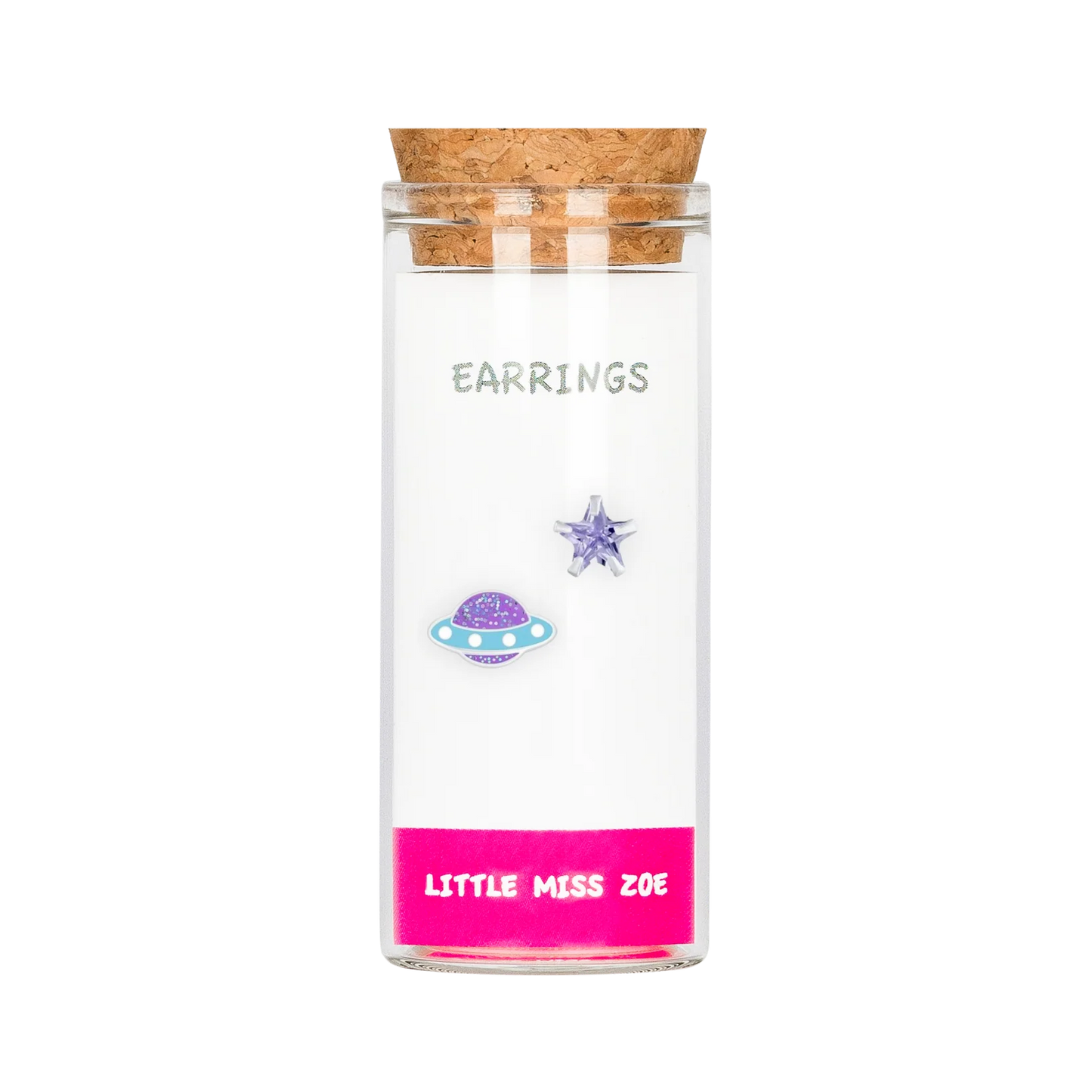Glass bottle with cork lid containing space-themed stud earrings, star and planet designs