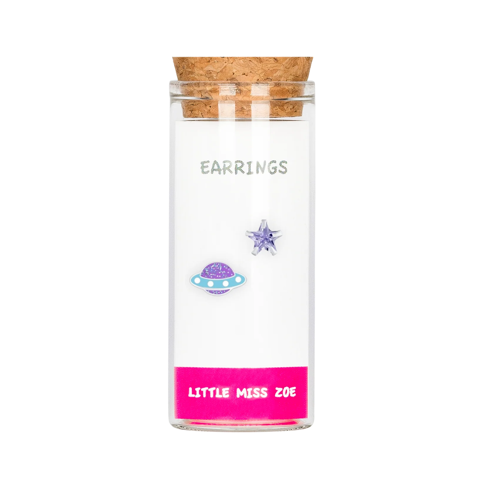 Glass bottle with cork lid containing space-themed stud earrings, star and planet designs