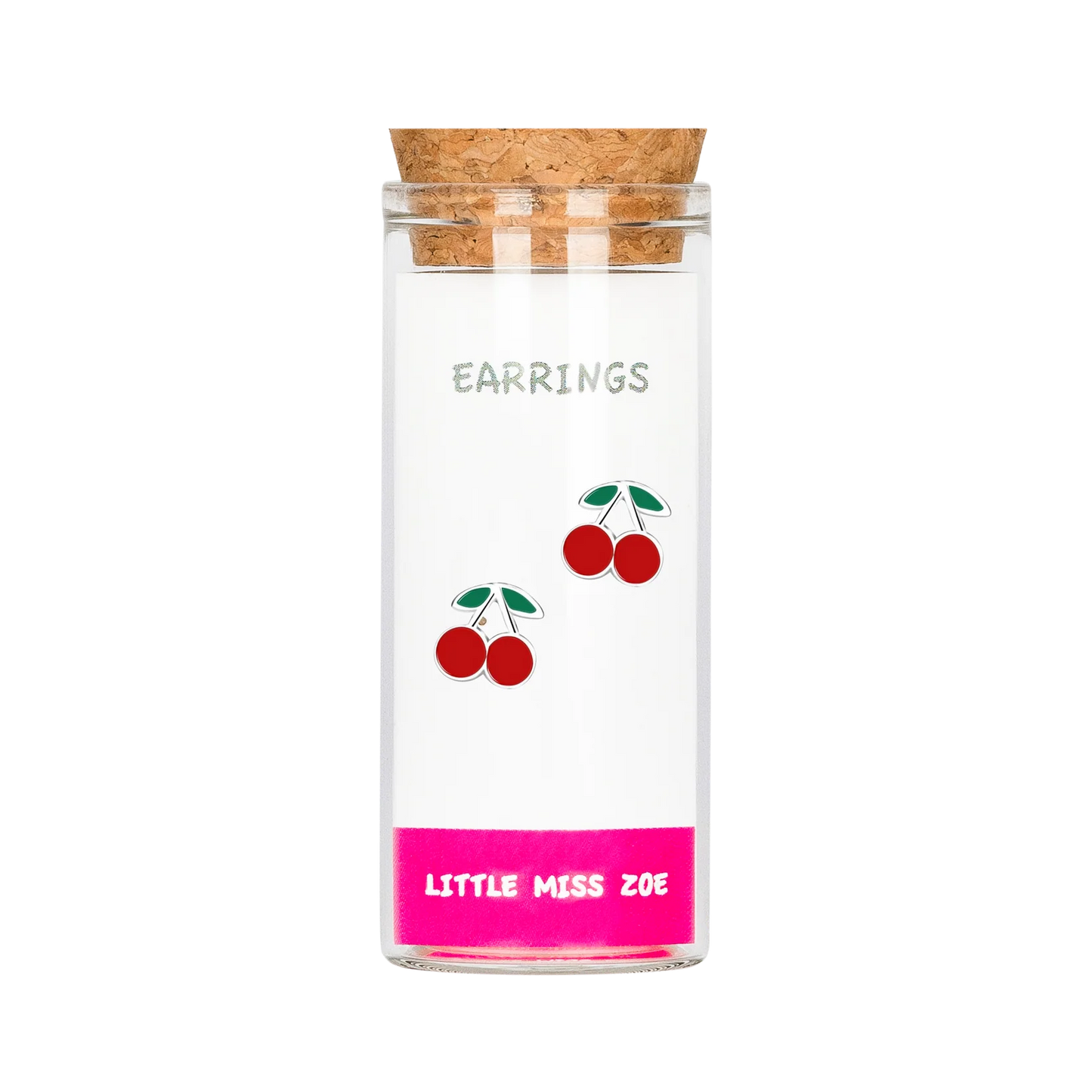 Cherry stud earrings displayed inside a clear glass bottle with cork lid