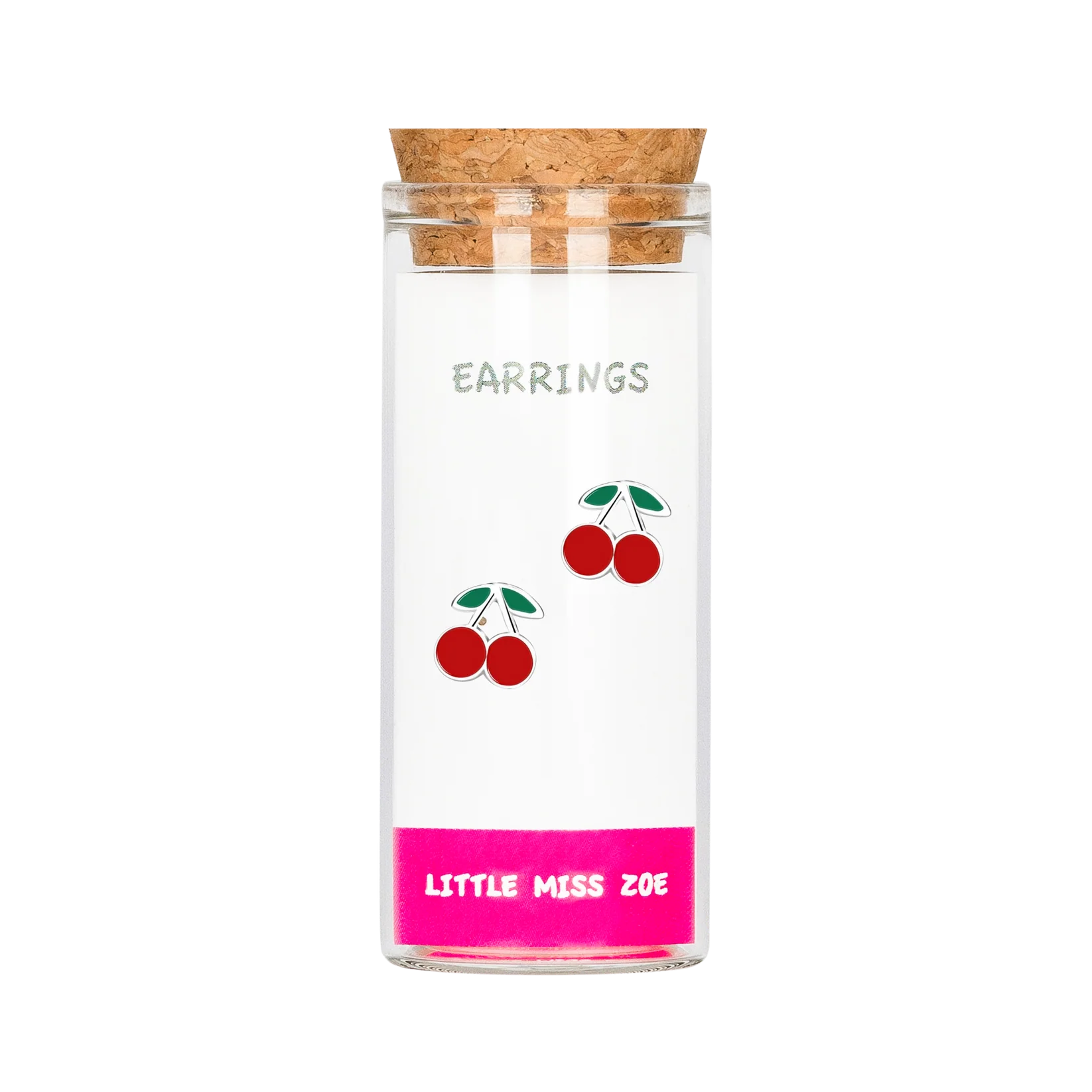 Cherry stud earrings displayed inside a clear glass bottle with cork lid