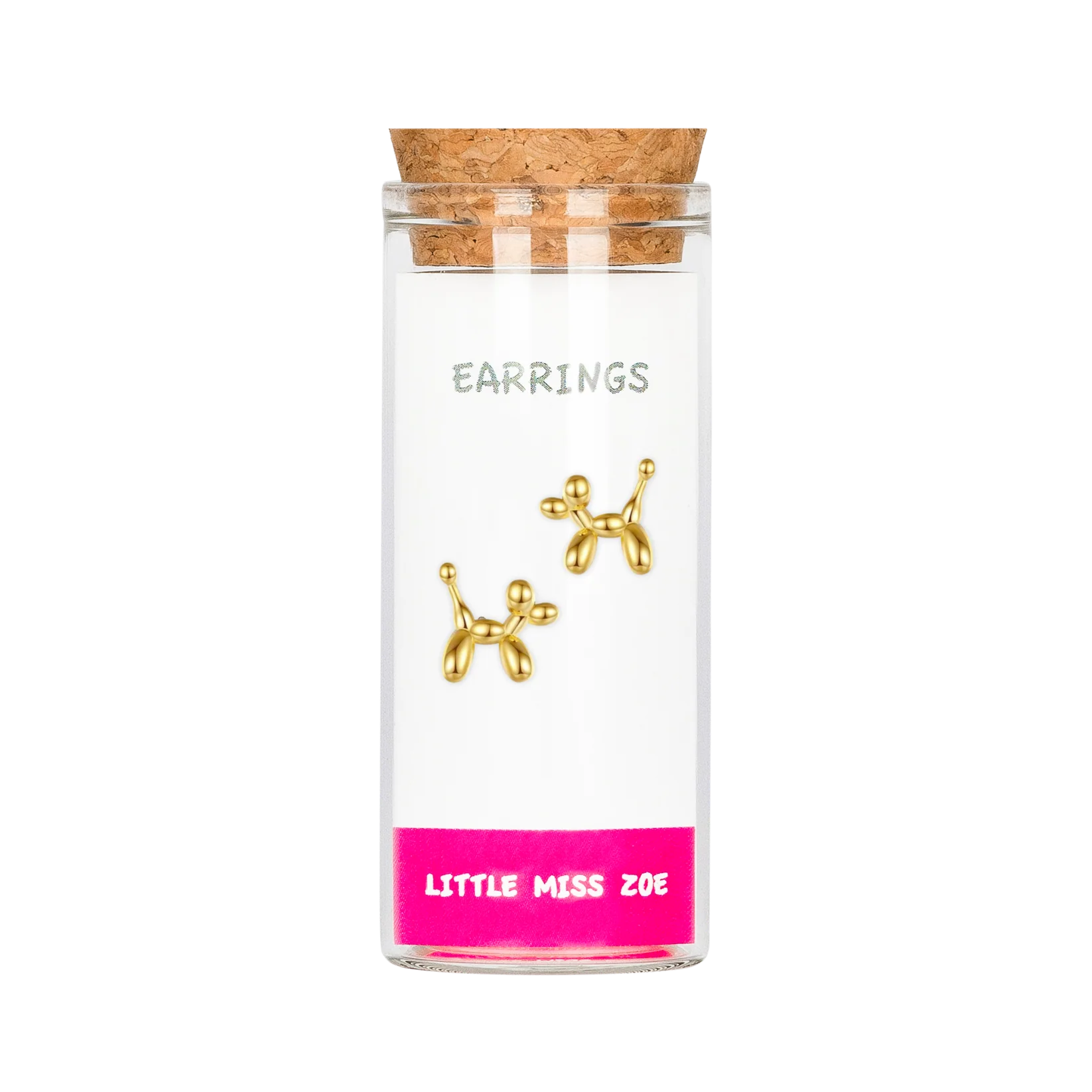 Gold balloon dog stud earrings displayed inside a small glass bottle with cork lid