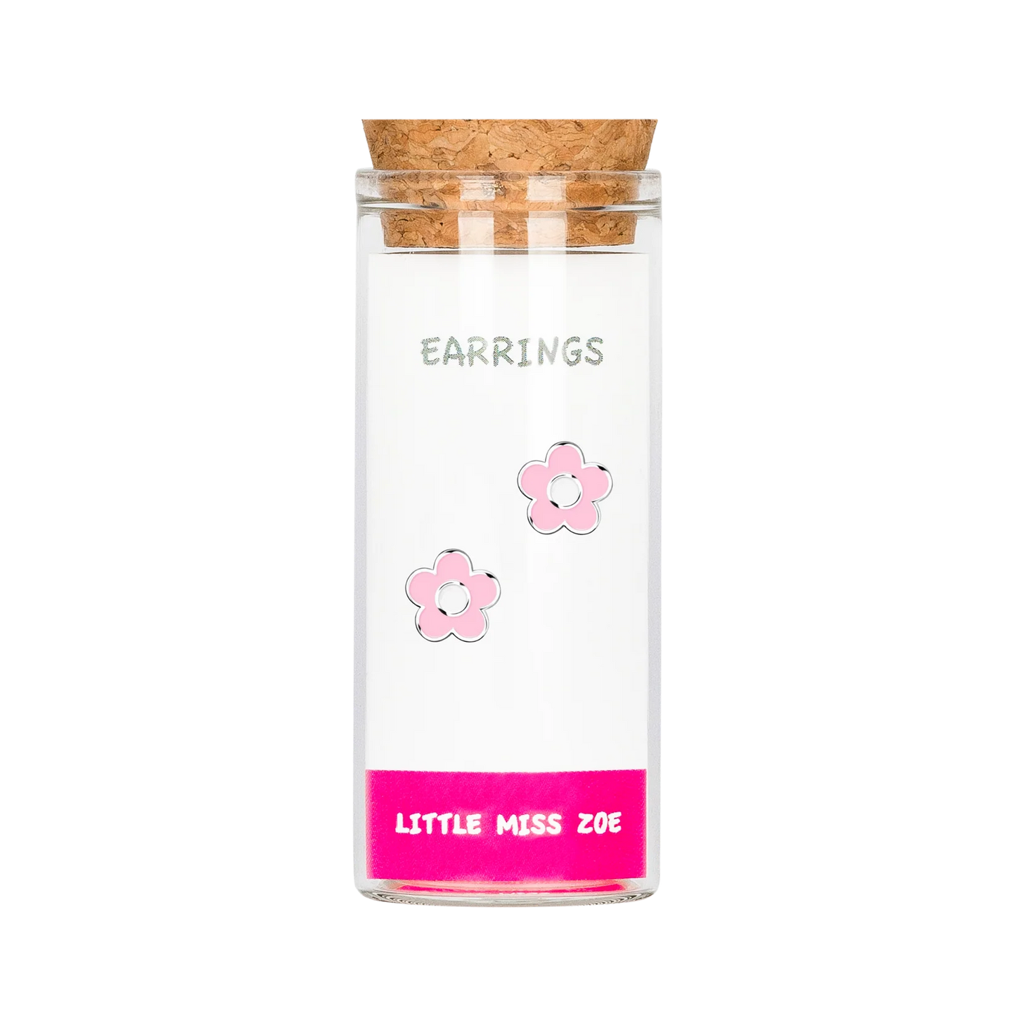 Pink flower stud earrings displayed inside a small glass bottle with cork stopper