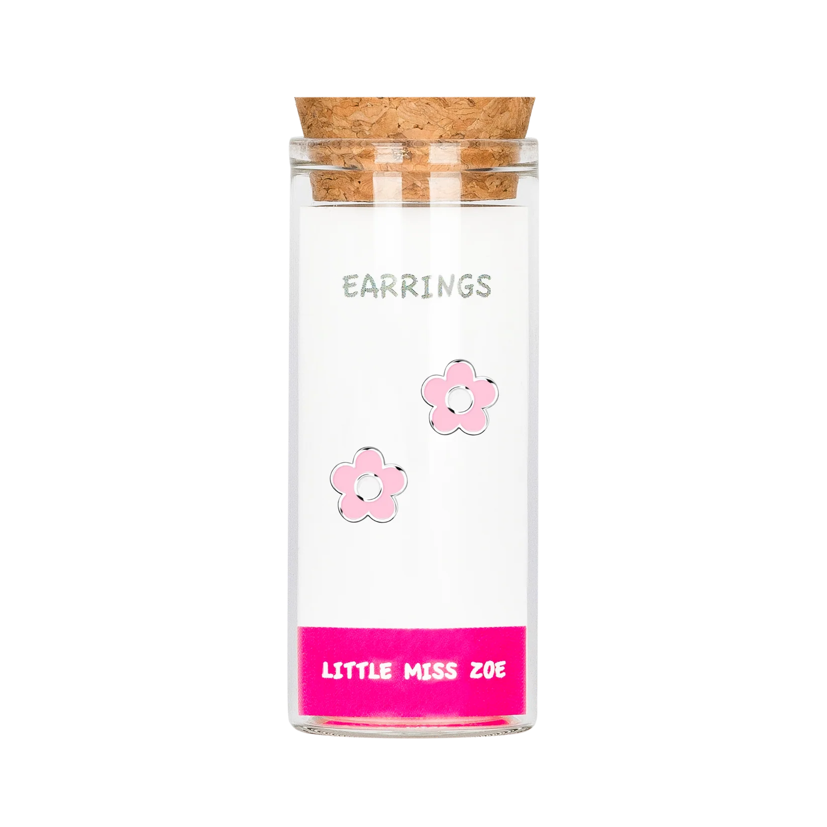 Pink flower stud earrings displayed inside a small glass bottle with cork stopper