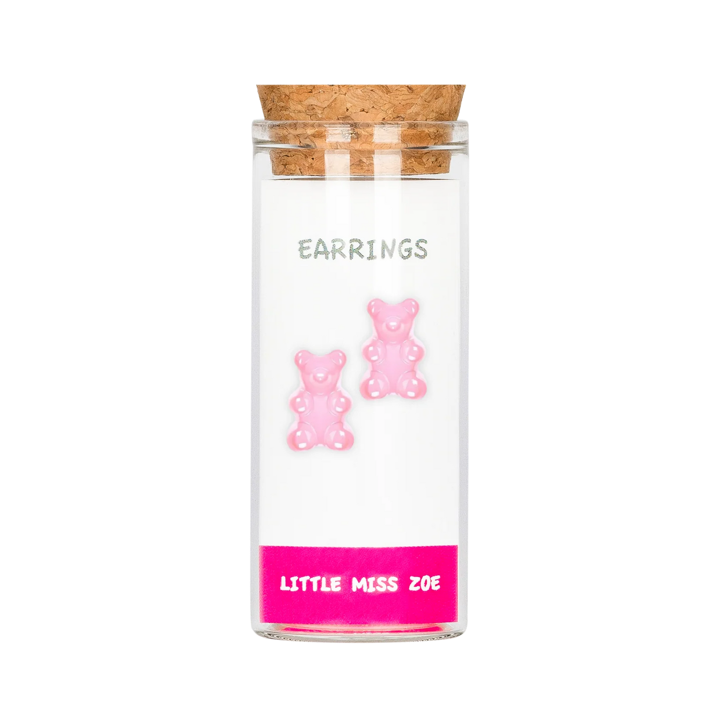 Pink gummy bear stud earrings displayed inside a small glass bottle with cork lid