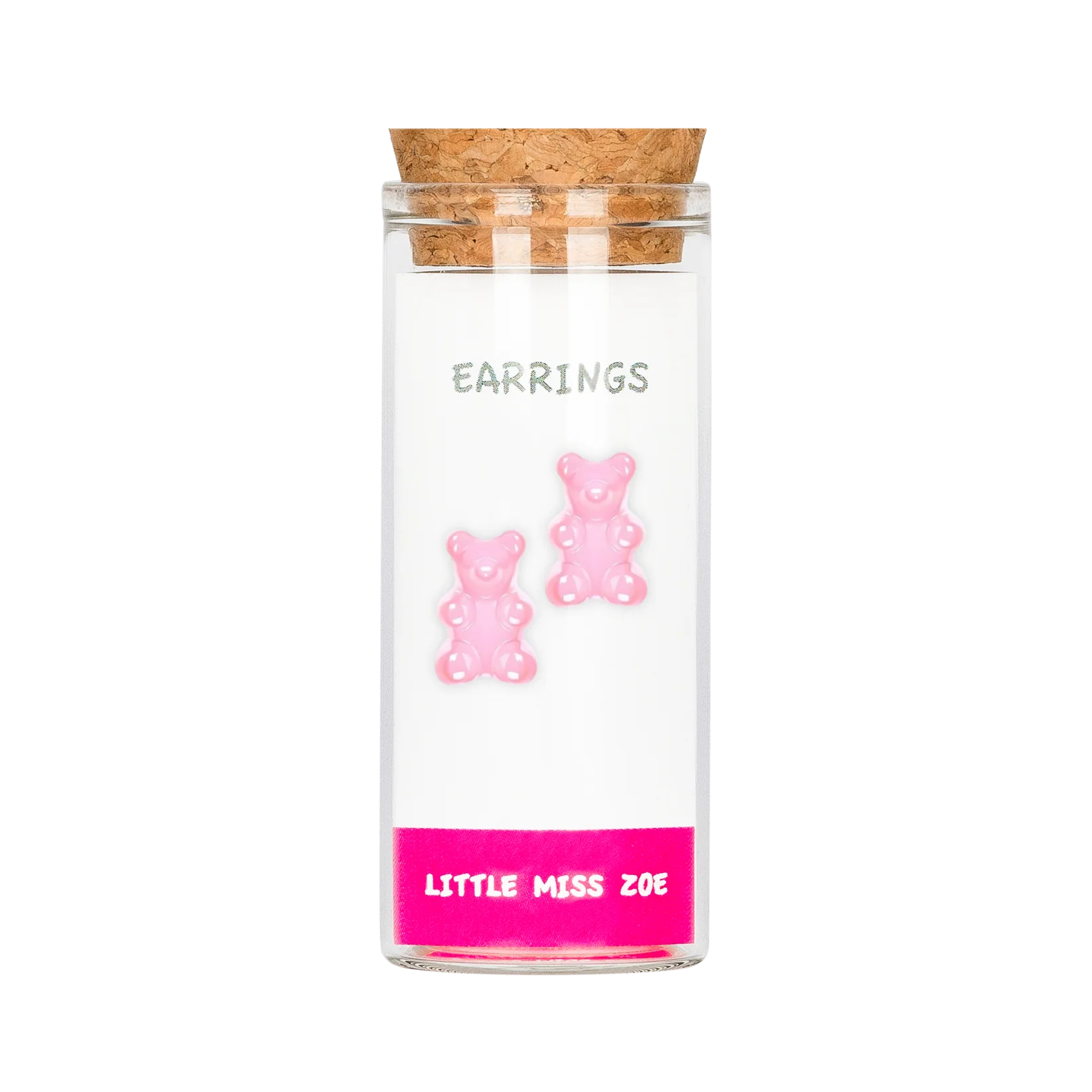 Pink gummy bear stud earrings displayed inside a small glass bottle with cork lid