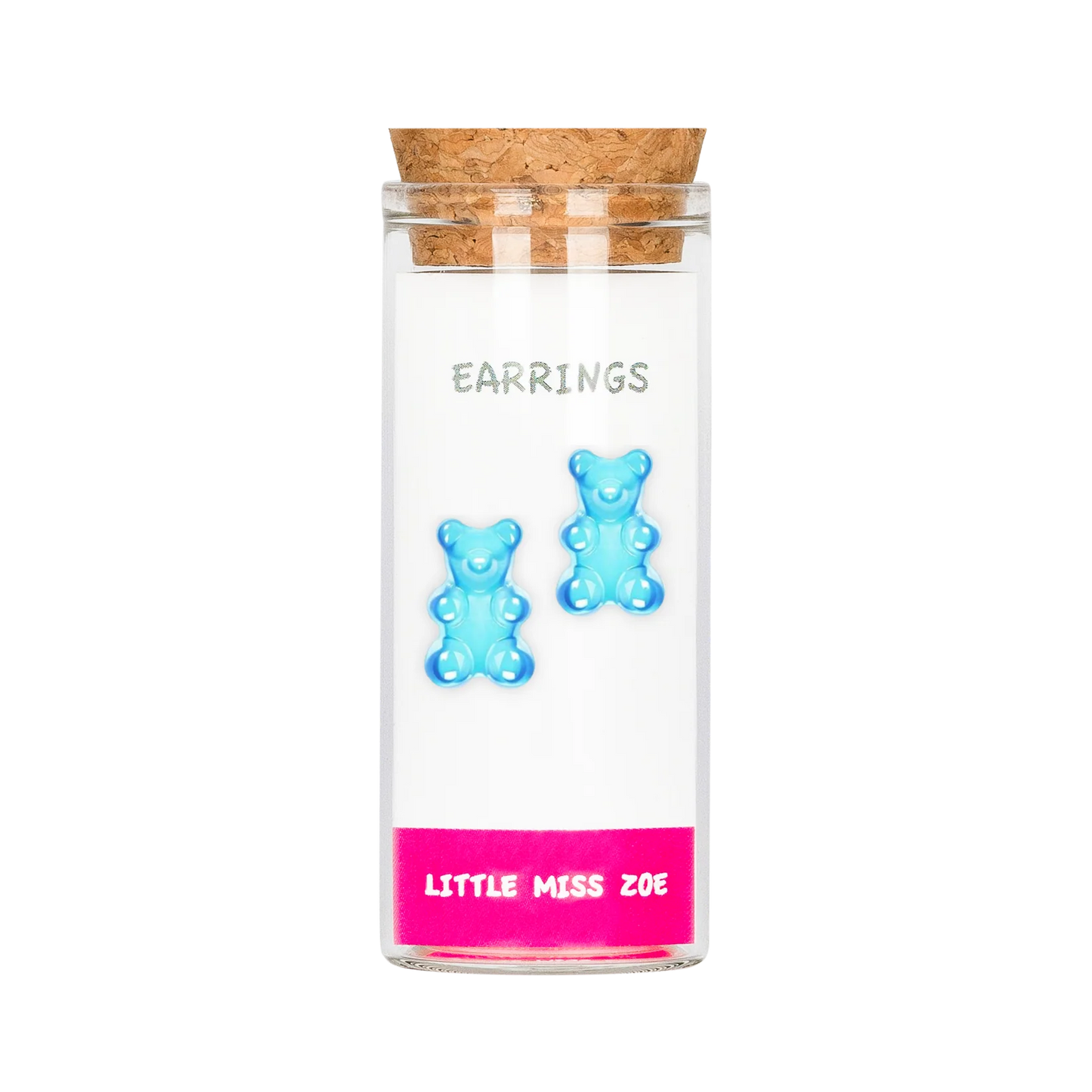 Blue gummy bear stud earrings displayed on card inside small glass bottle with cork lid