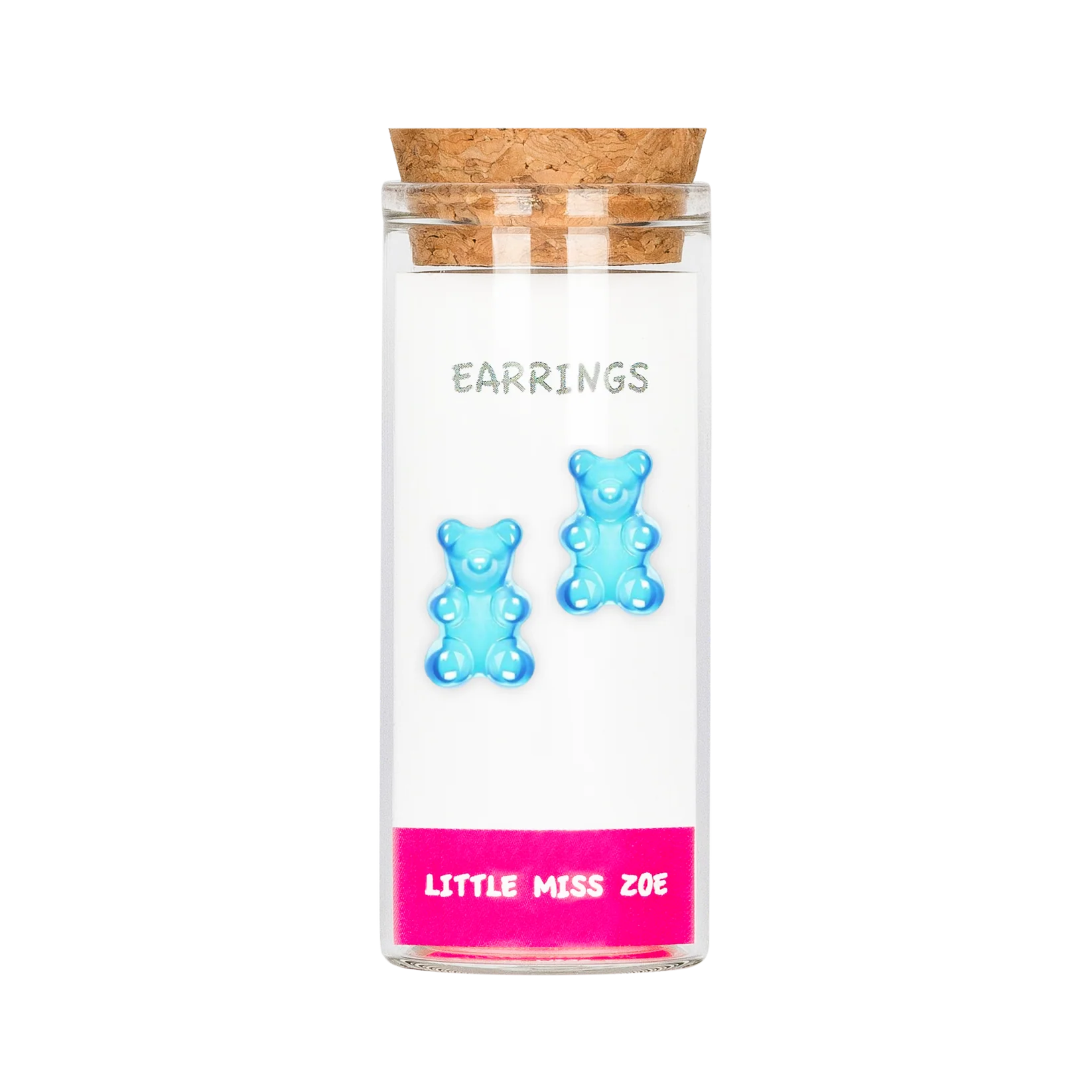 Blue gummy bear stud earrings displayed on card inside small glass bottle with cork lid