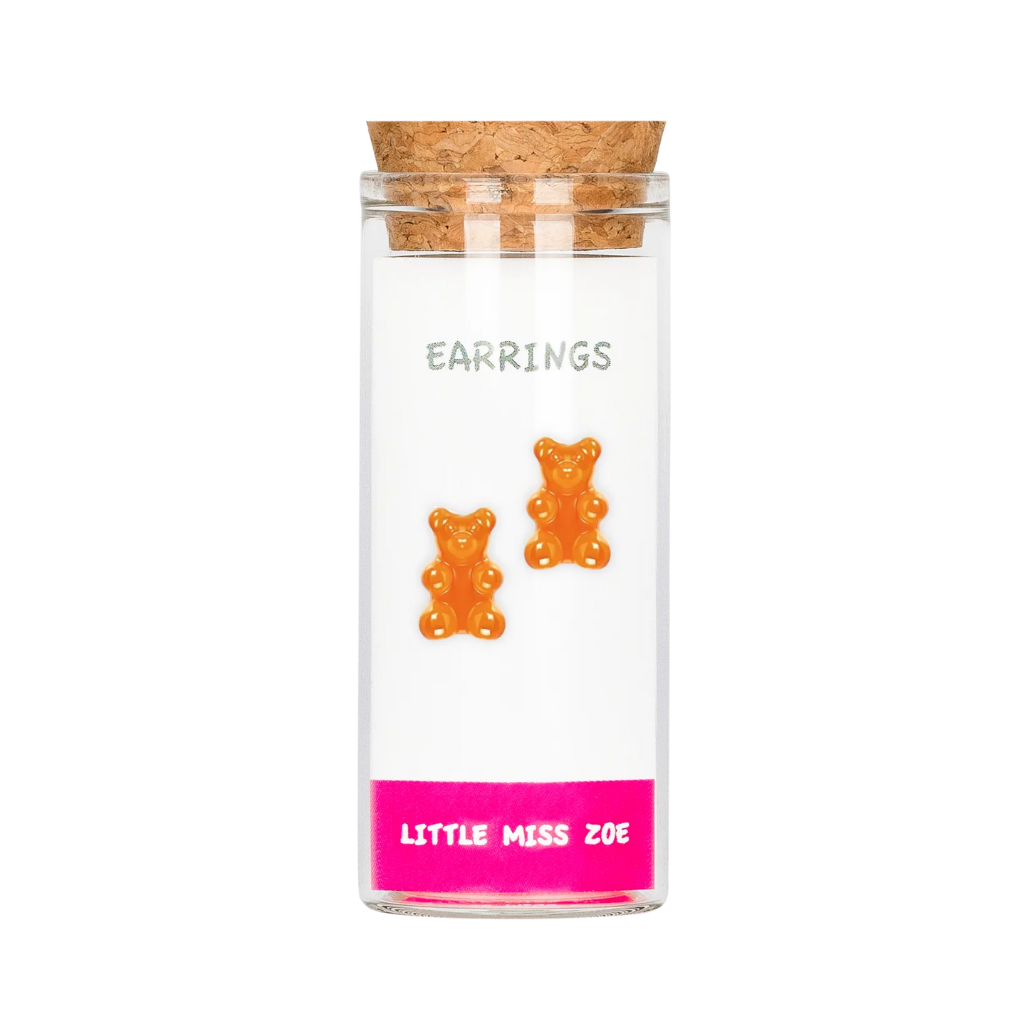 Orange gummy bear stud earrings displayed on card inside small glass bottle with cork stopper