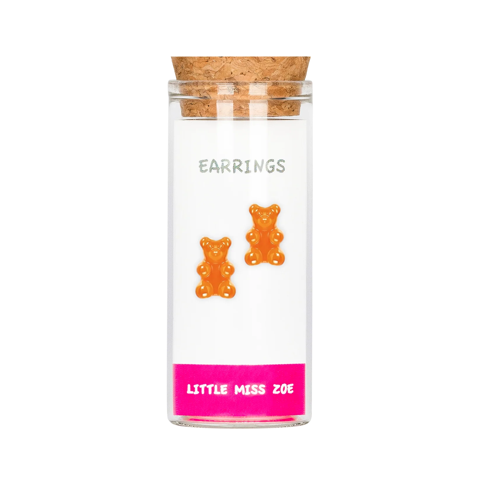 Orange gummy bear stud earrings displayed on card inside small glass bottle with cork stopper