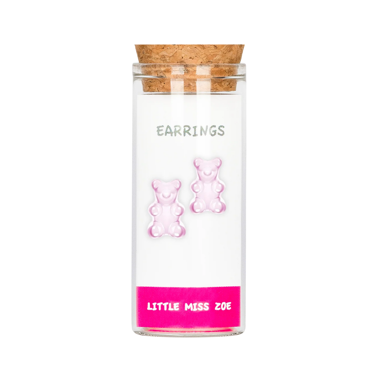 Pink gummy bear stud earrings displayed in a small glass bottle with cork stopper