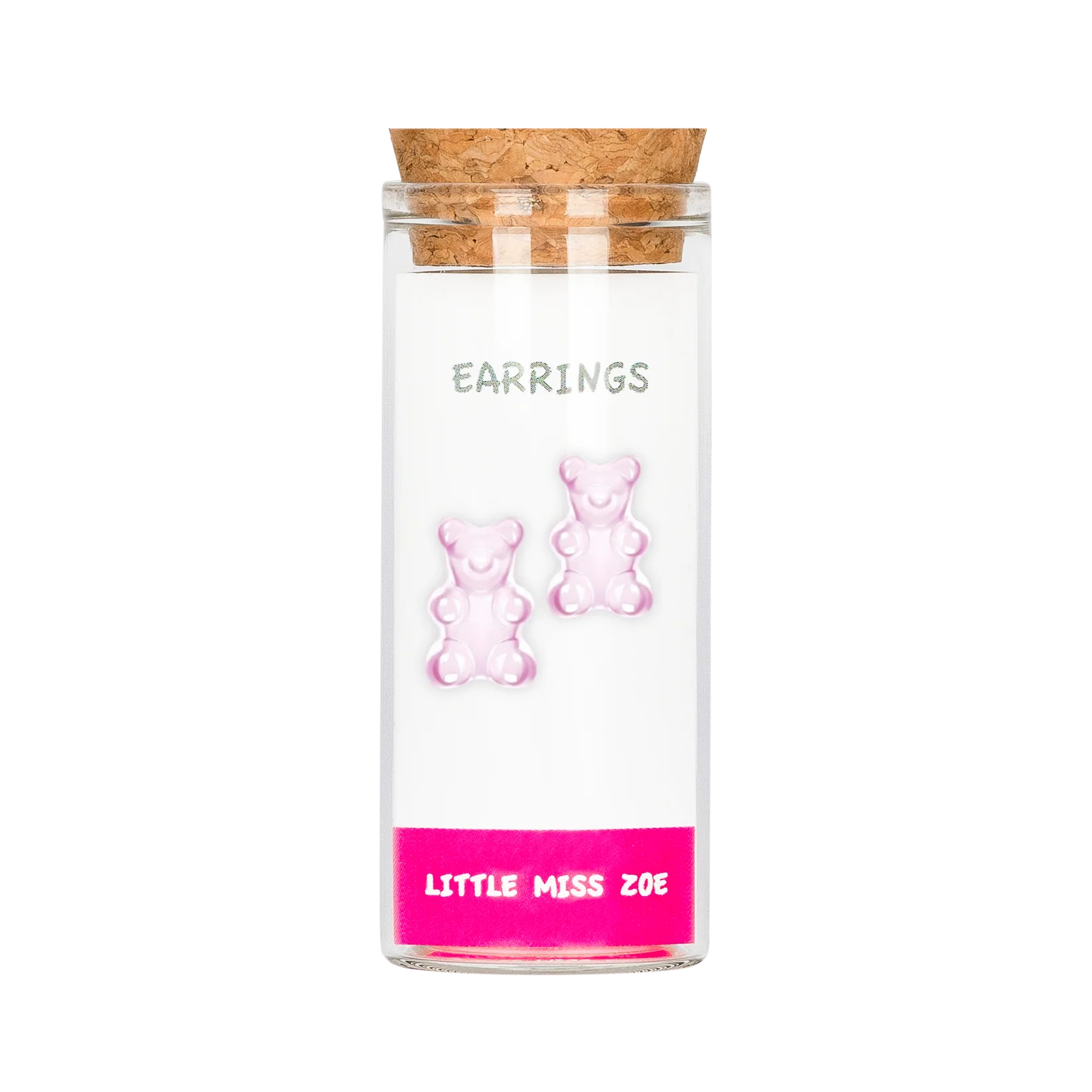 Pink gummy bear stud earrings displayed in a small glass bottle with cork stopper