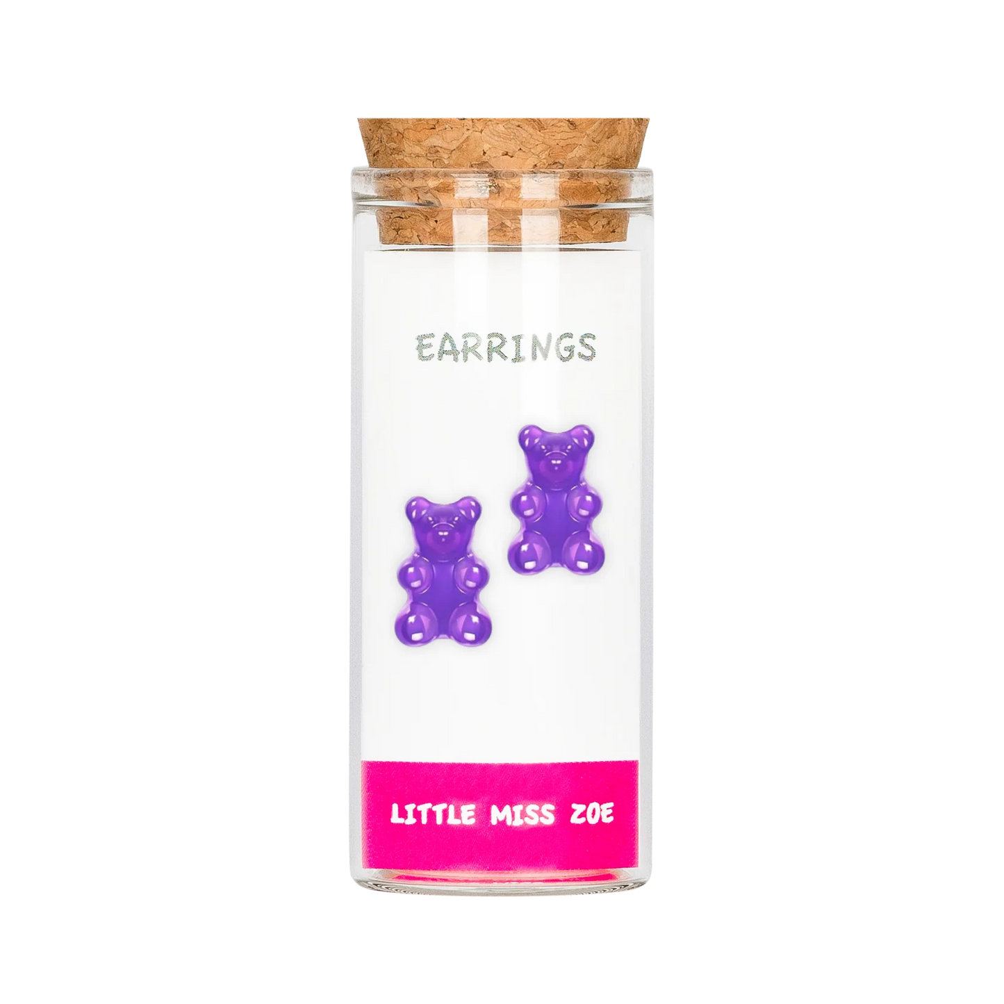 Purple gummy bear stud earrings displayed in a small glass bottle with cork stopper
