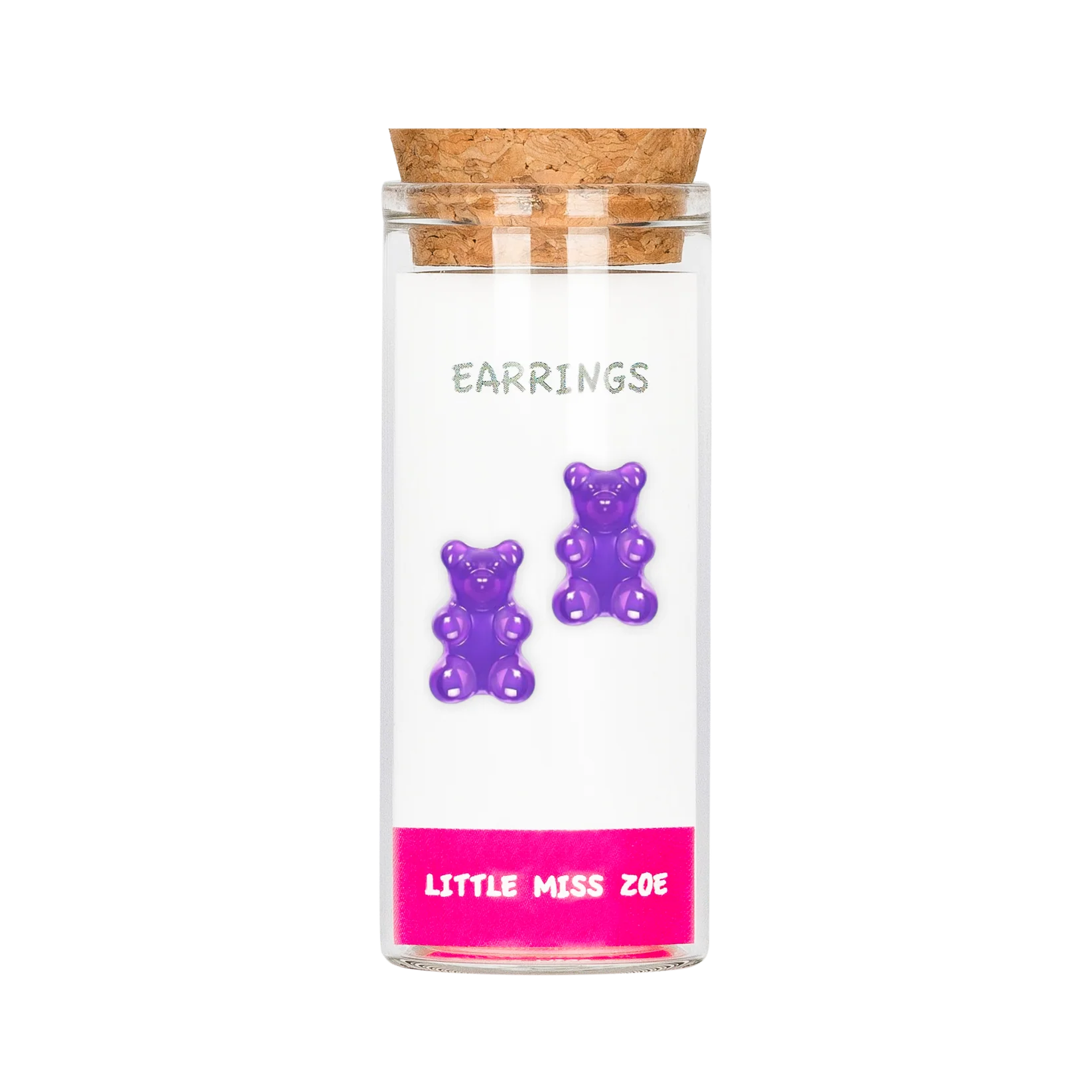 Purple gummy bear stud earrings displayed in a small glass bottle with cork stopper