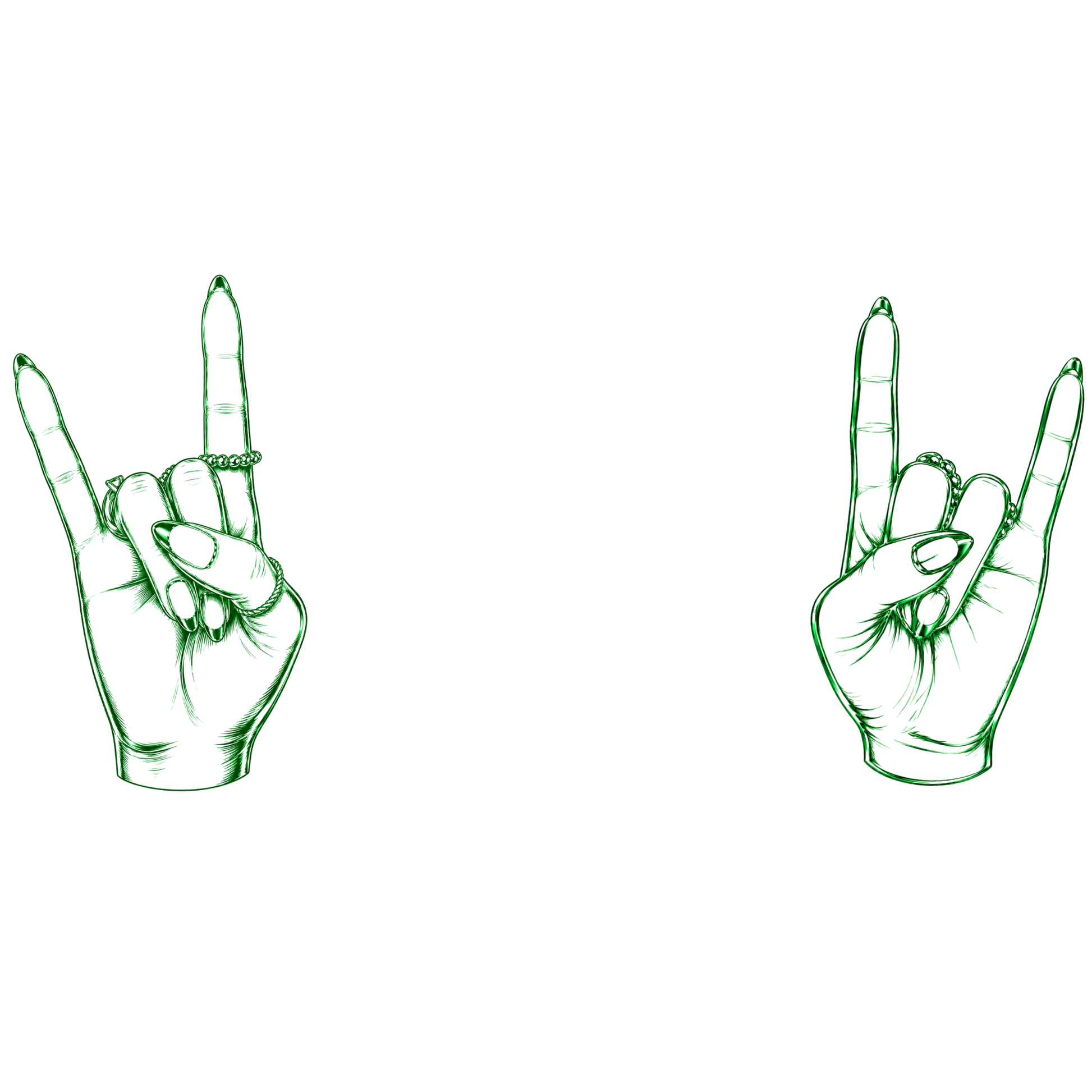 Two green illustrated hands making rock on gesture with decorative rings