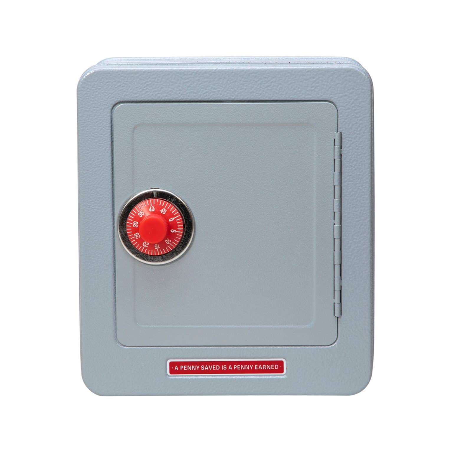 Gray metal toy safe with red combination dial lock and motivational label