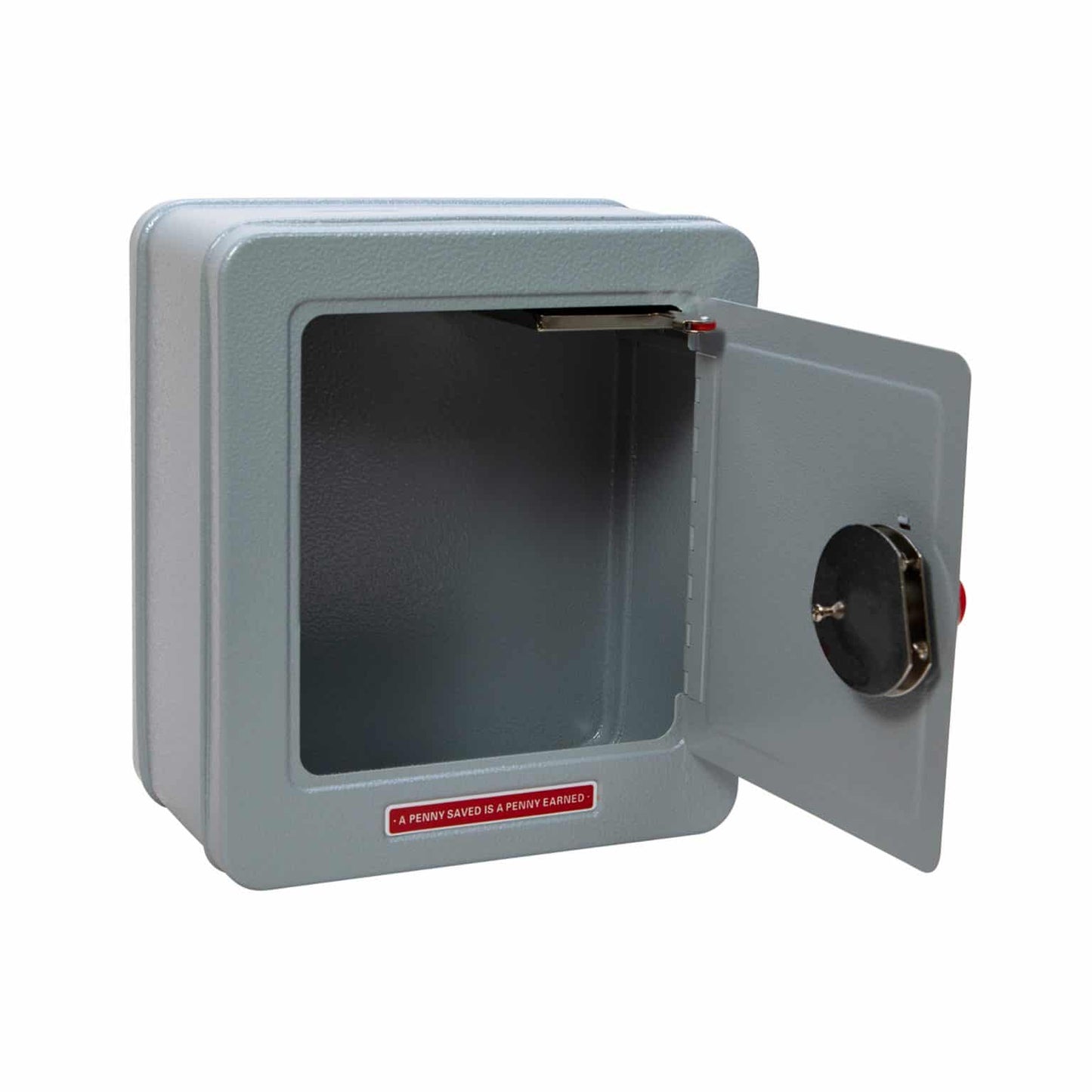 Gray metal toy safe with open door and combination lock dial