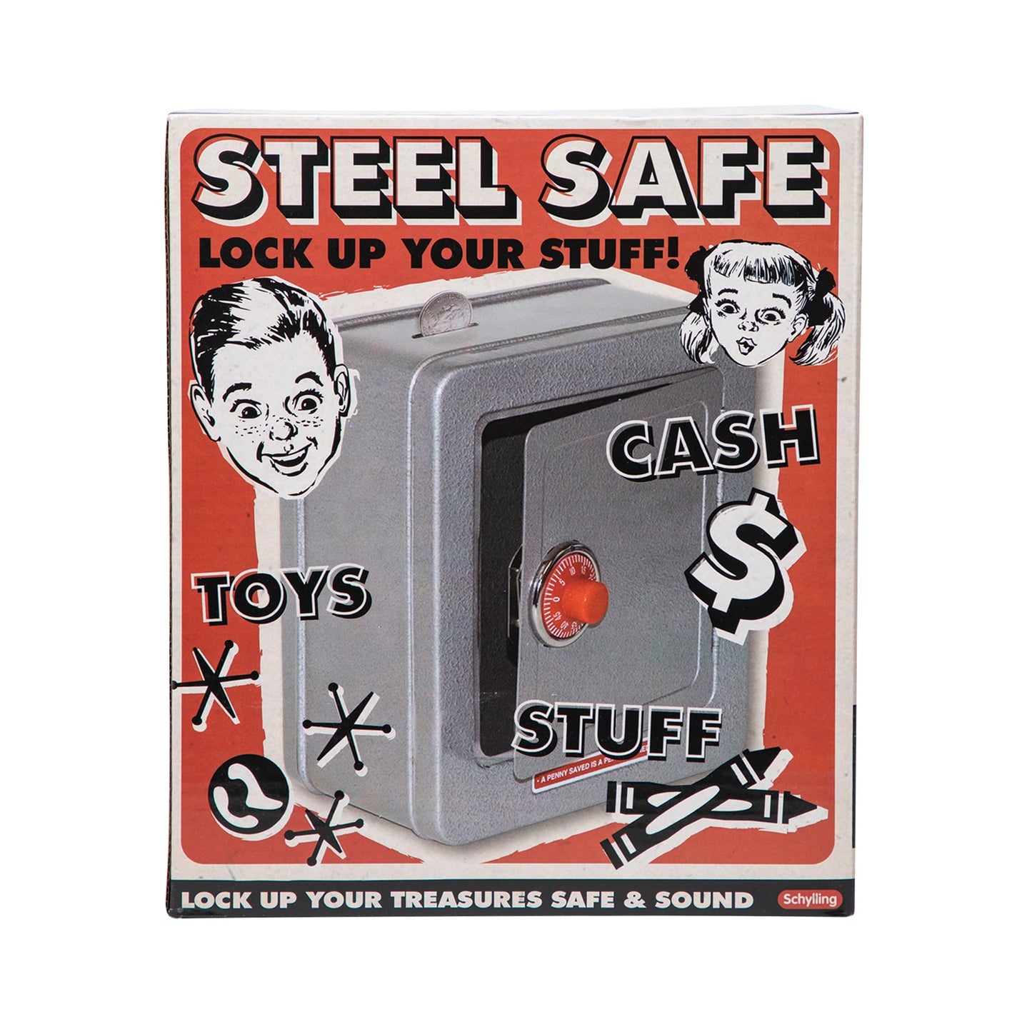 Retro-style toy steel safe with red combination lock dial, gray metal finish