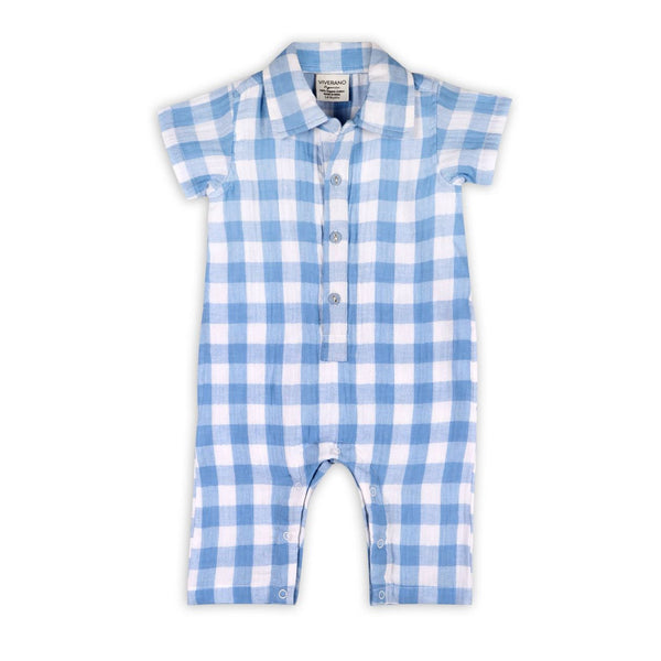 BOYS AUGUST BLUE GINGHAM CARGO ROMPER
