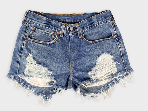 LEVI'S UPCYCLED LOW RISE FRAYED DENIM SHORTS