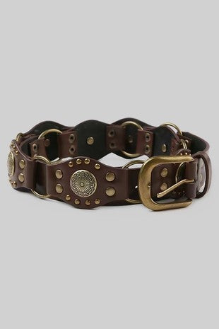 faux leather brown studded concho belt with belt buckle