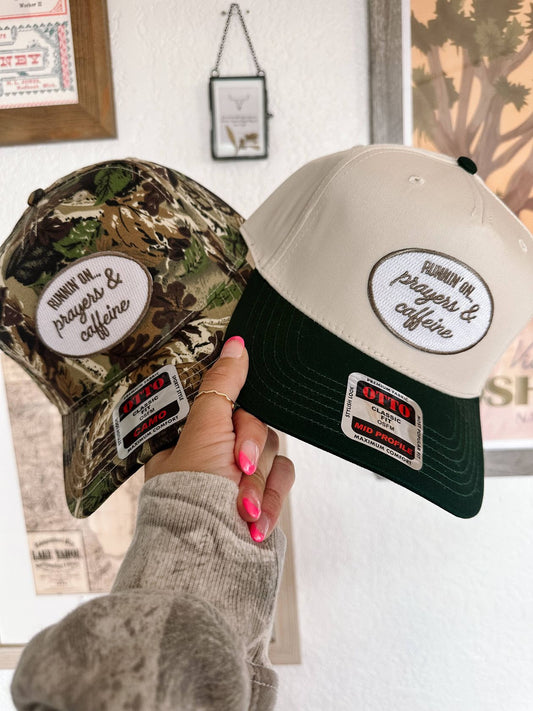 RUNNIN' ON PRAYERS & CAFFEINE CAMO HAT