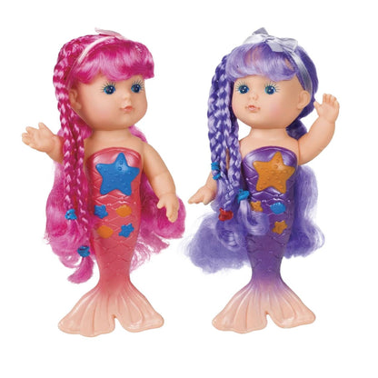 Two mermaid dolls with braided pink and purple hair and fish tails