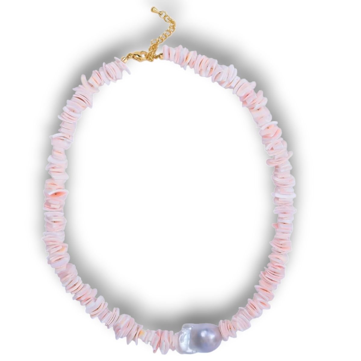 freshwater pearl puka shell necklace in pink featuring a playful, beachy design with feminine color and trendy coastal vibes. perfect for layering!