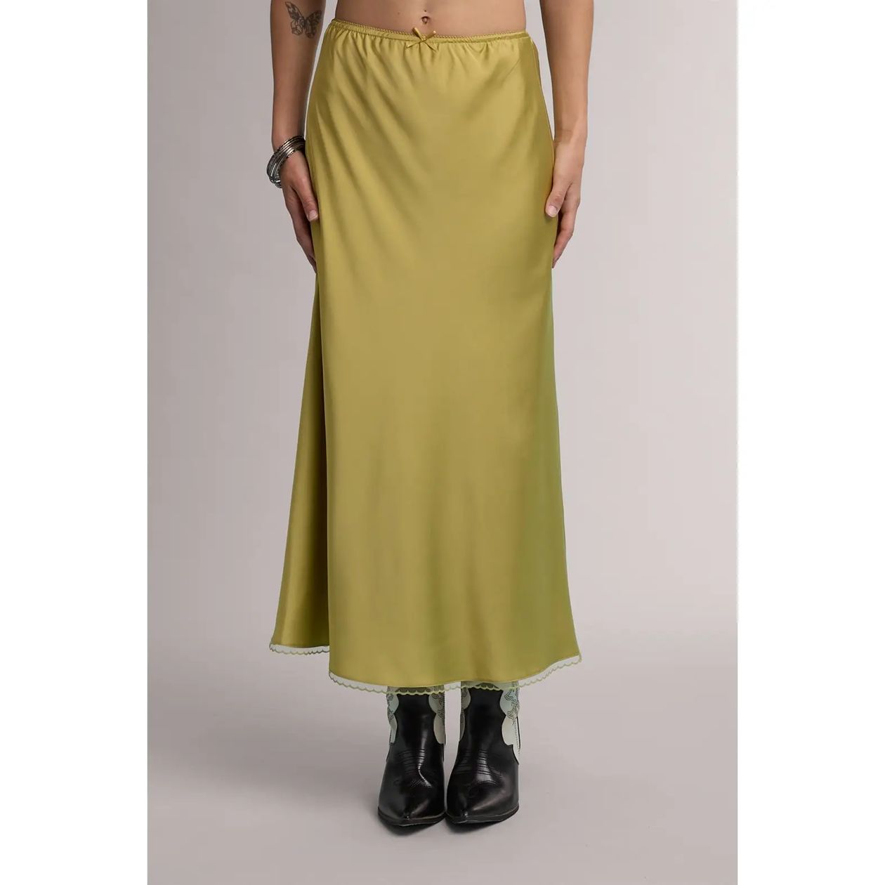 Olive green satin midi skirt with lace trim hem and elastic waistband