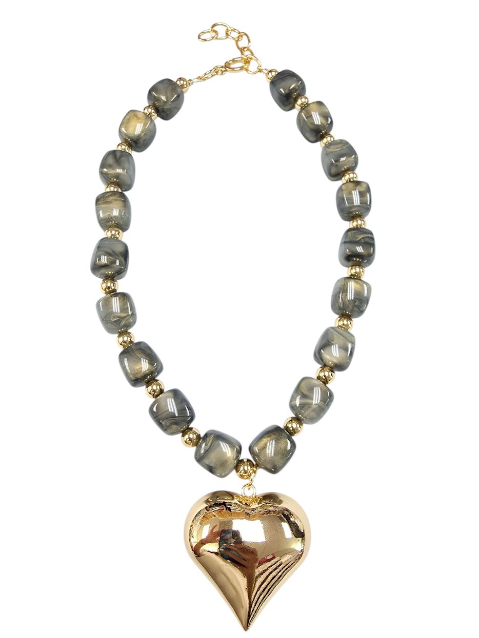 Chunky gray marbled beaded necklace with gold spacers and large puffy gold heart pendant