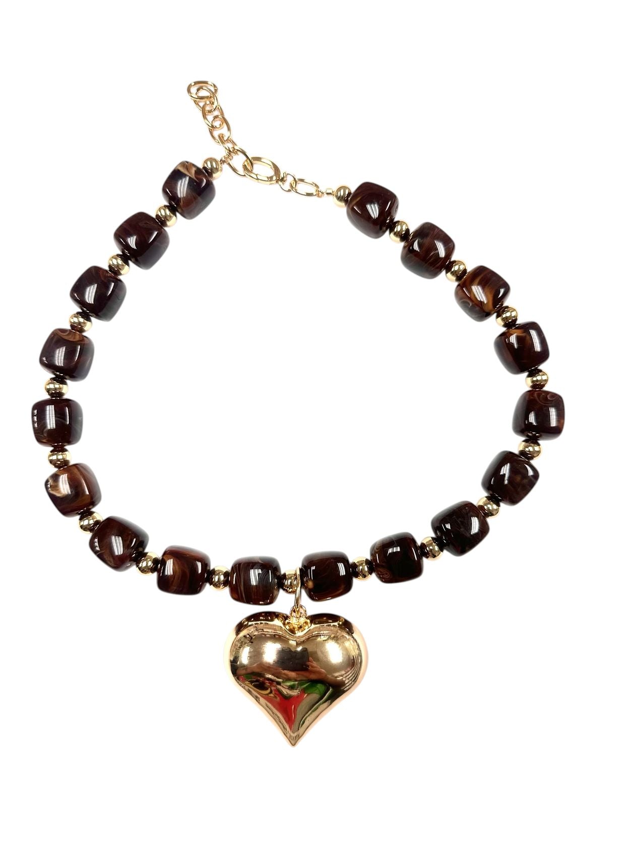 Chunky brown agate cube bead necklace with gold spacers and puffy heart pendant