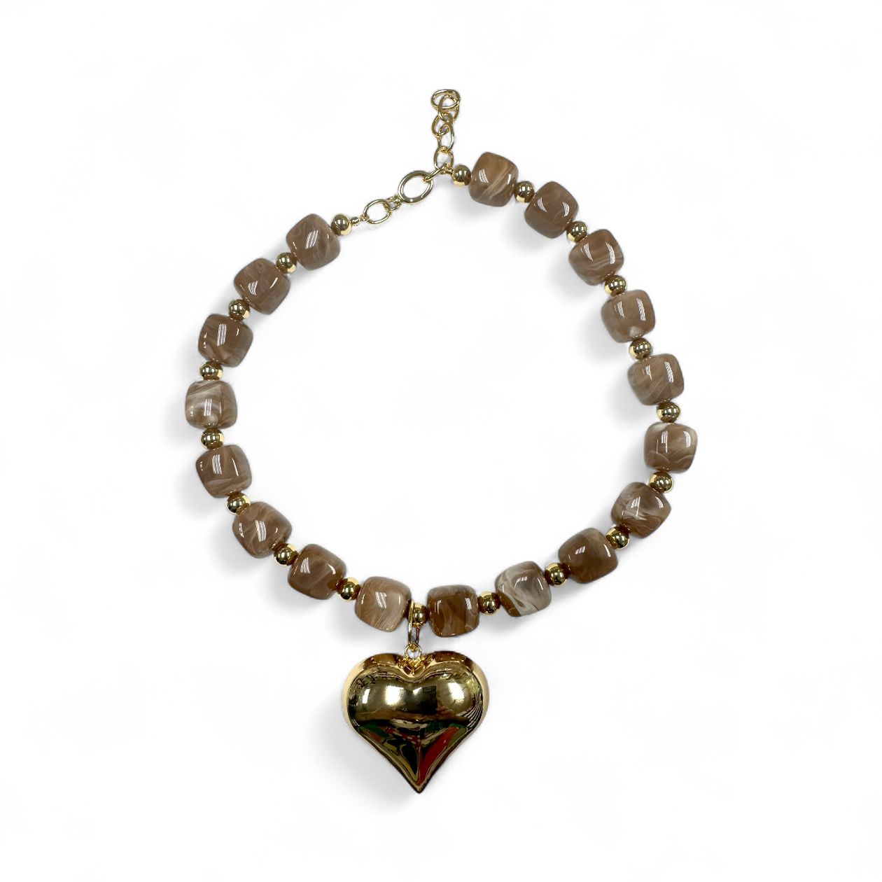 Chunky champagne agate cube bead necklace with gold puffy heart pendant and clasp