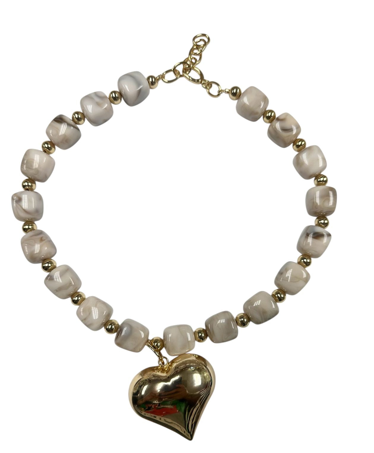 Chunky cream marble cube bead necklace with gold spacers and oversized puffed heart pendant